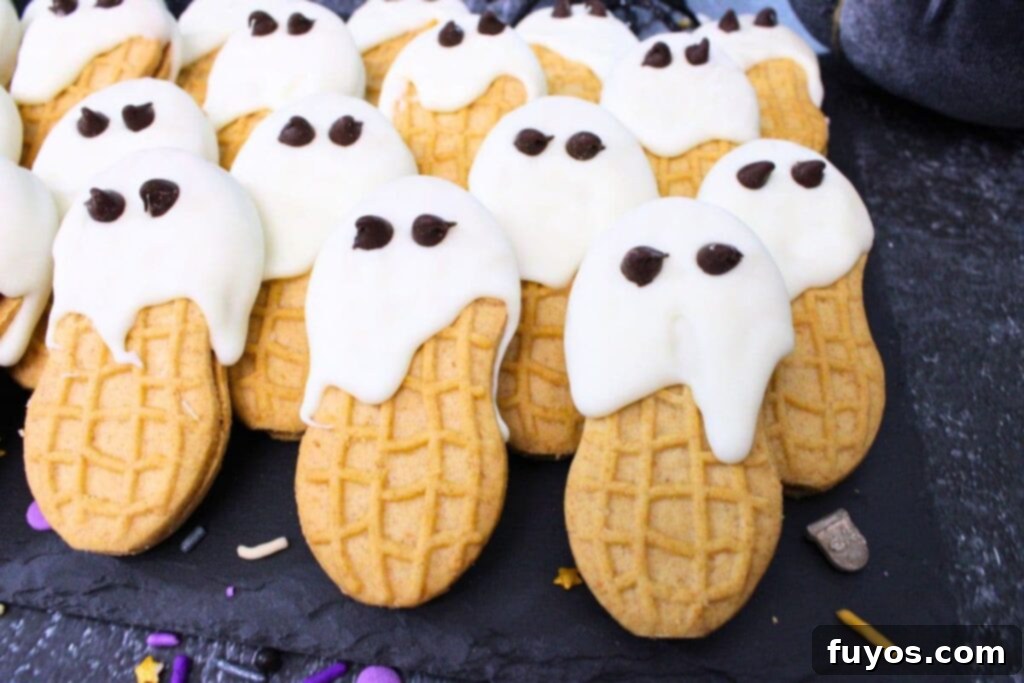 Haunted Nutter Butter Ghosts 3 Ingredient Halloween Magic 11 closeup of nutter butter ghosts lined up in rows