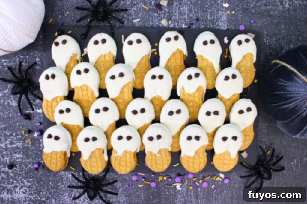 Haunted Nutter Butter Ghosts 3 Ingredient Halloween Magic 10 overhead view of rows of nutter butter ghosts