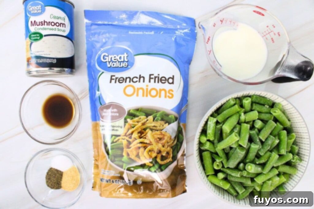 Ingredients laid out for making air fryer green bean casserole