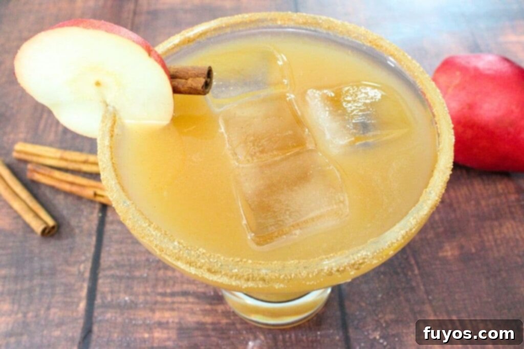 Close-up view of a spiced pear margarita, garnished with a elegant cinnamon stick and a thin pear slice on the rim.