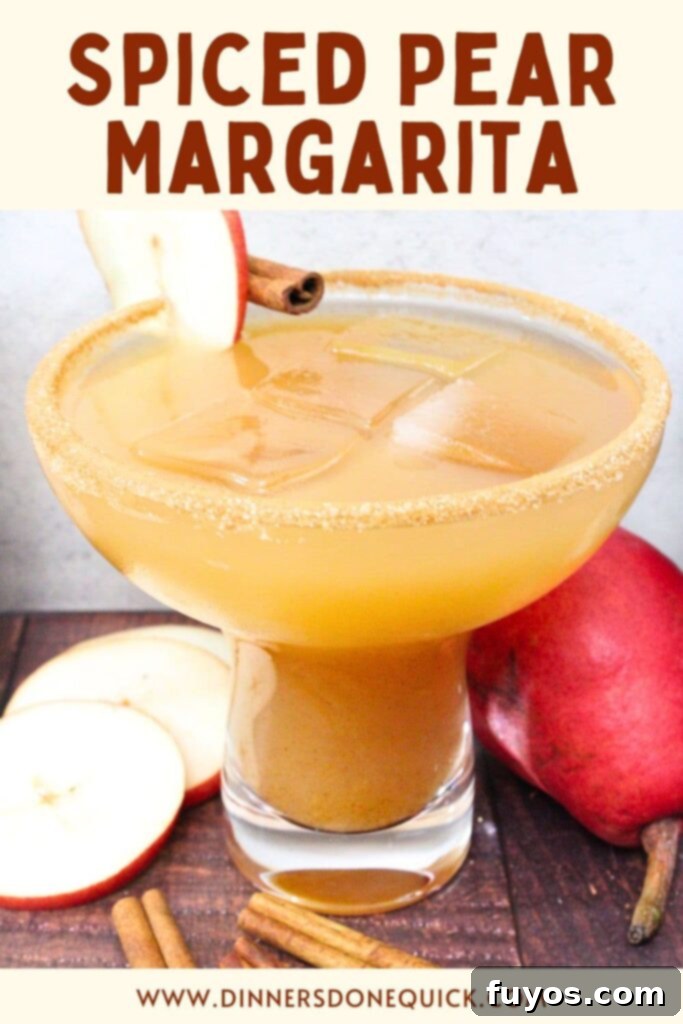 Spiced Pear Margarita cocktail recipe from Dinners Done Quick, perfect for sharing on Pinterest for fall and holiday inspiration.