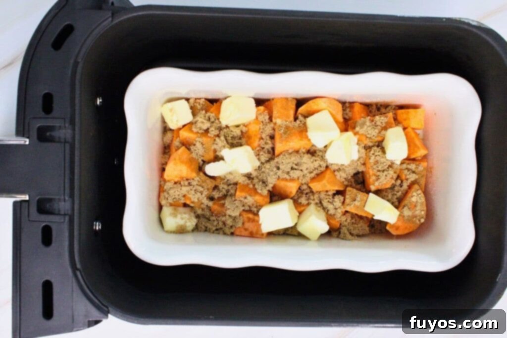 Quick Air Fryer Candied Yams Side 8 place the filled sweet potato casserole dish in the air fryer basket