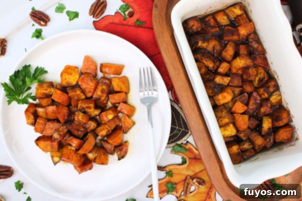 Quick Air Fryer Candied Yams Side 9 overhead view of air fryer candied yams on a plate next to the casserole dish