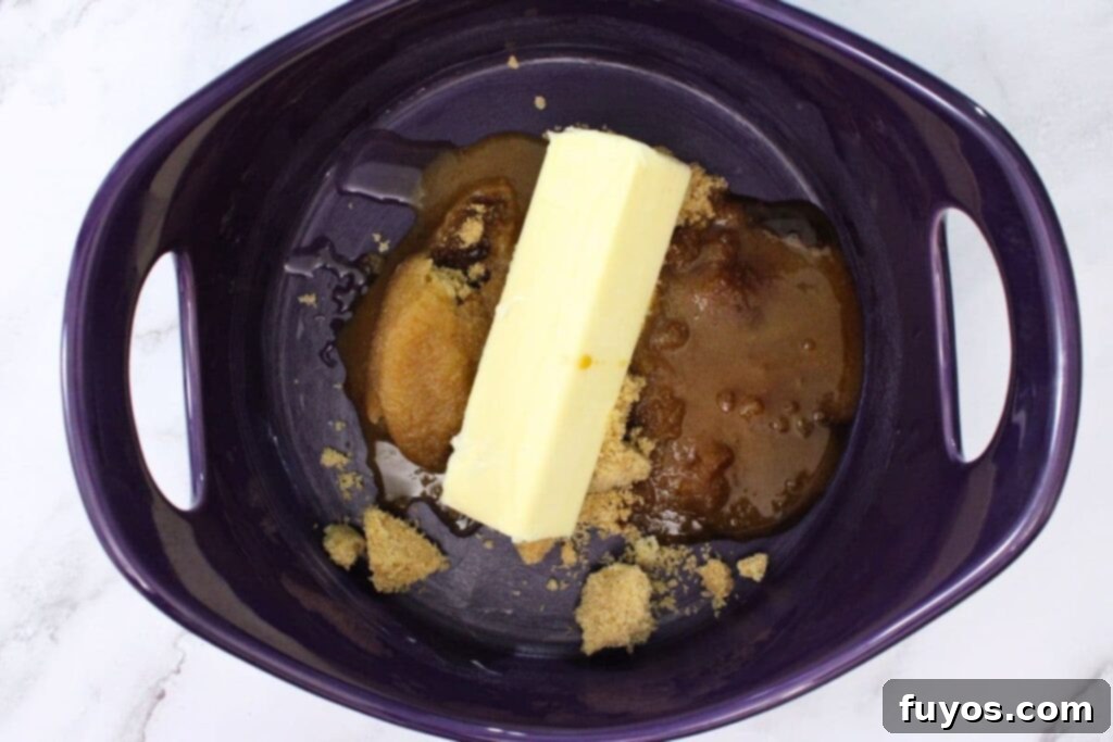 add butter, brown sugar, water, and vanilla to a heat safe microwave bowl