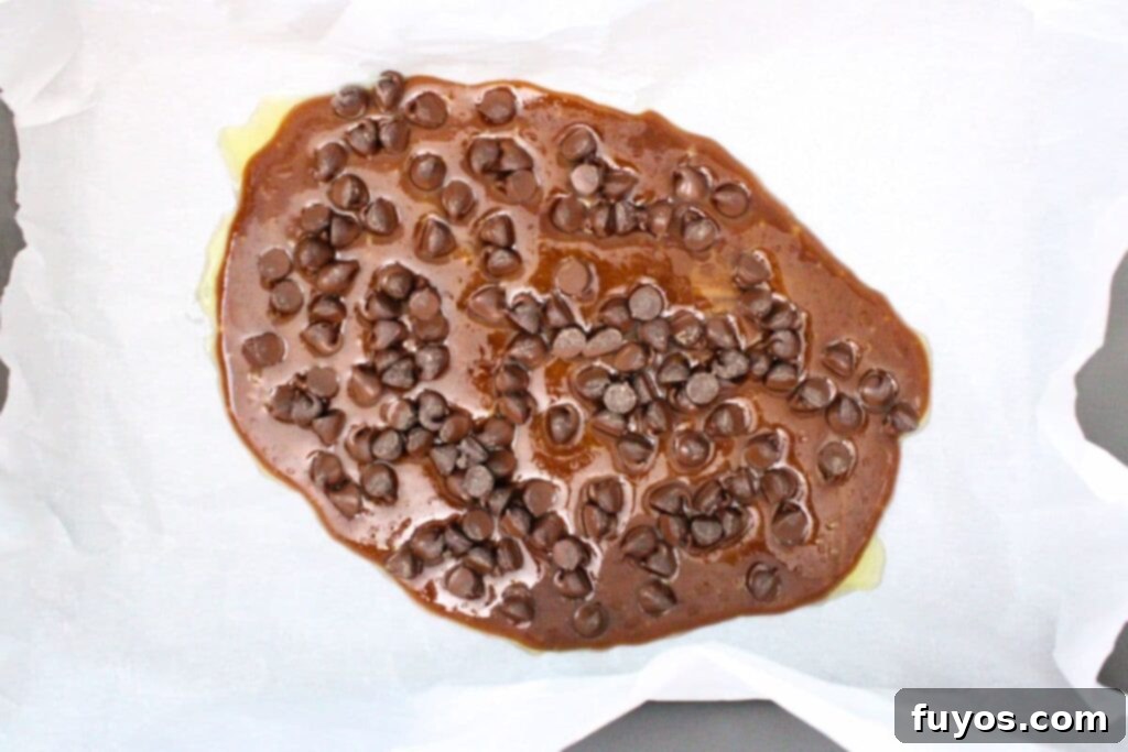 pour melted sugar over parchment paper and immediately add chocolate chips