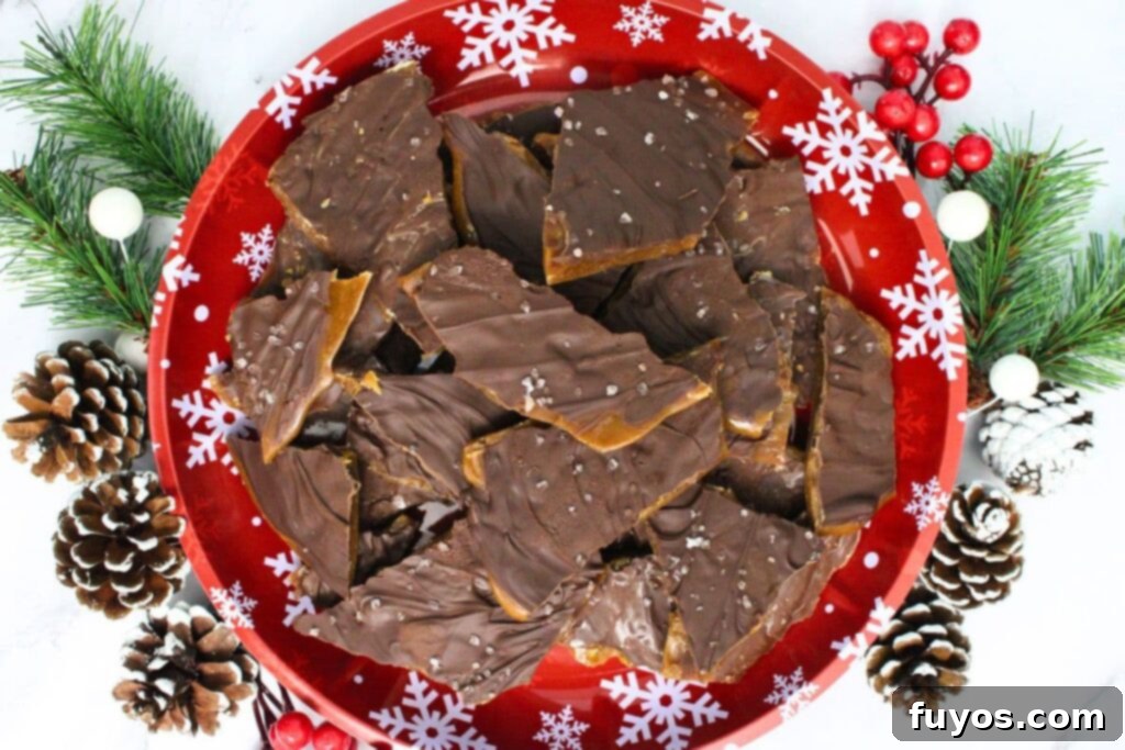 overhead view of microwave toffee on a christmas plate with festive holiday shrubbery