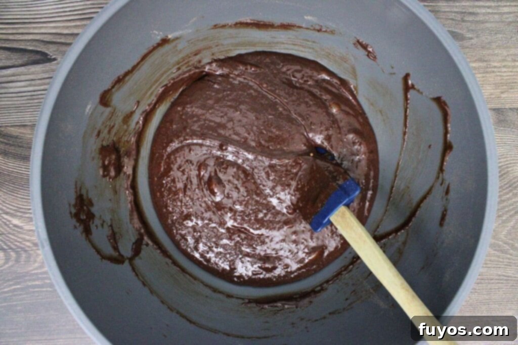 add flour, cocoa powder, and salt then stir in the wine chocolate