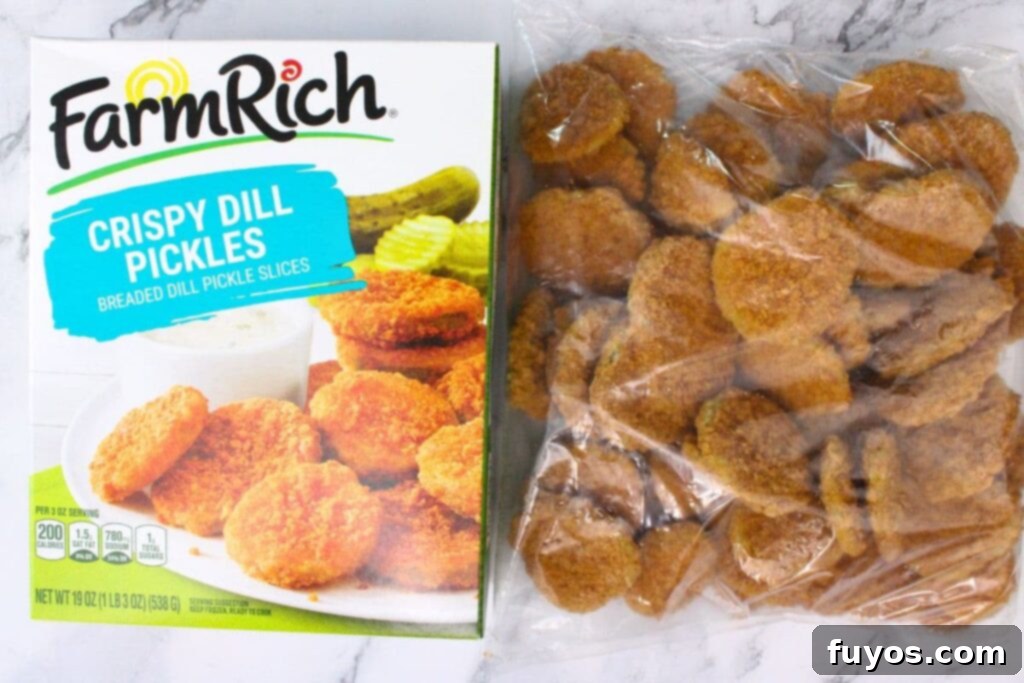farm rich frozen fried pickles next to the box