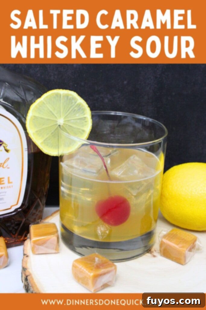 Salted Caramel Whiskey Sour cocktail recipe for Pinterest sharing