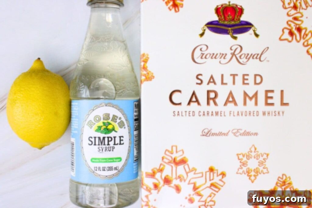 Key ingredients for a Salted Caramel Whiskey Sour: whiskey, lemon juice, simple syrup