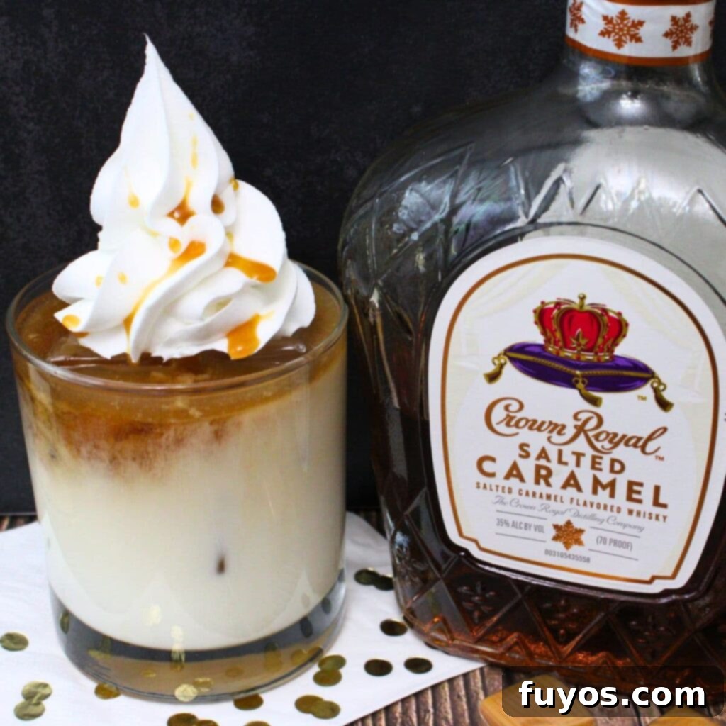 Salted Caramel Royal White Russian Bliss 2 A beautifully presented Crown Royal Salted Caramel White Russian cocktail, ready to be enjoyed, showcasing its creamy layers against a festive backdrop.