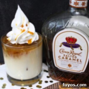 Salted Caramel Royal White Russian Bliss 9 A close-up of a Crown Royal Salted Caramel White Russian cocktail, highlighting its creamy texture and garnish, within the recipe card.