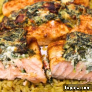 Air fryer spinach stuffed salmon recipe with creamy Boursin cheese and sun-dried tomatoes