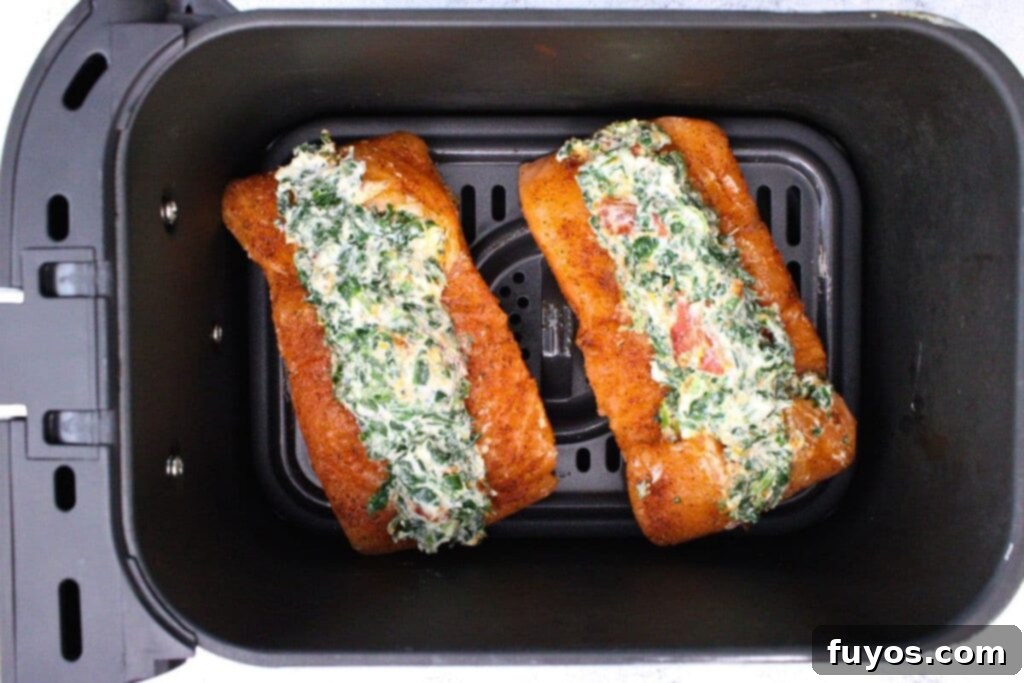 Stuffed salmon fillets placed in a single layer in the air fryer basket, ready for cooking
