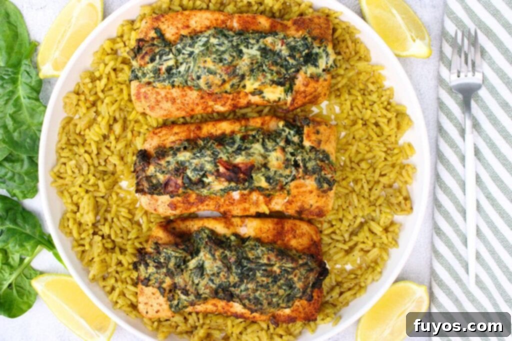 Overhead view of a plated air fryer spinach stuffed salmon served alongside a bed of rice