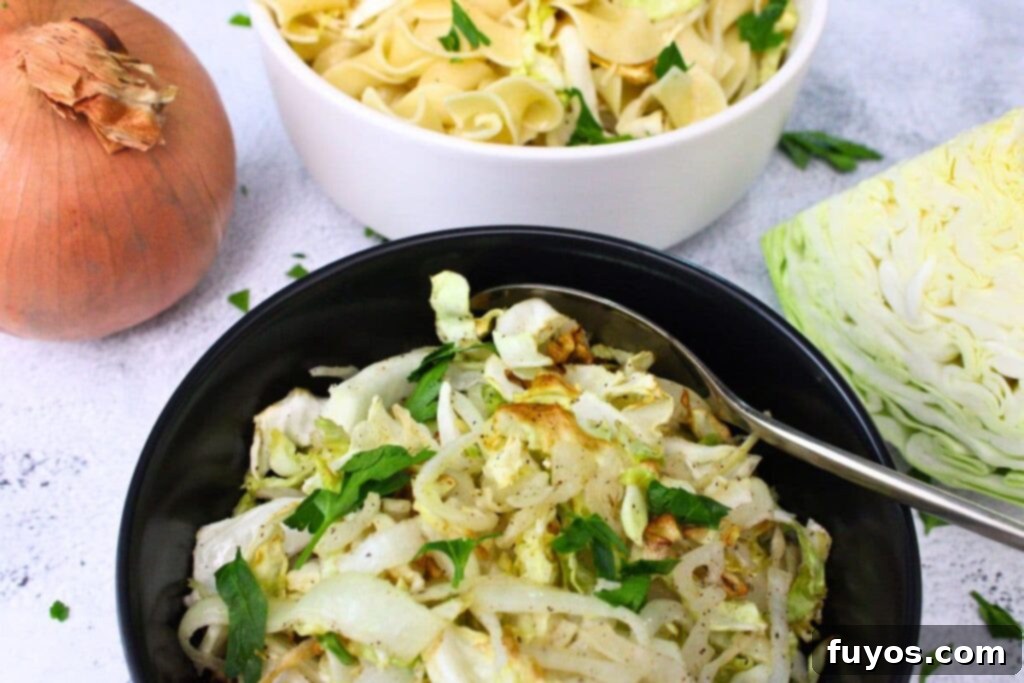 Easy 15-Minute Air Fryer Cabbage and Onions 9 dipping a spoon into a bowl of air fryer cabbage and onions with a bowl of haluski above