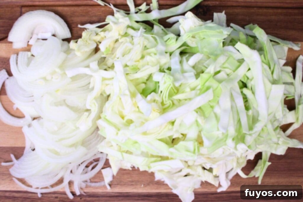 Easy 15-Minute Air Fryer Cabbage and Onions 5 shred your cabbage and thinly slice the onion