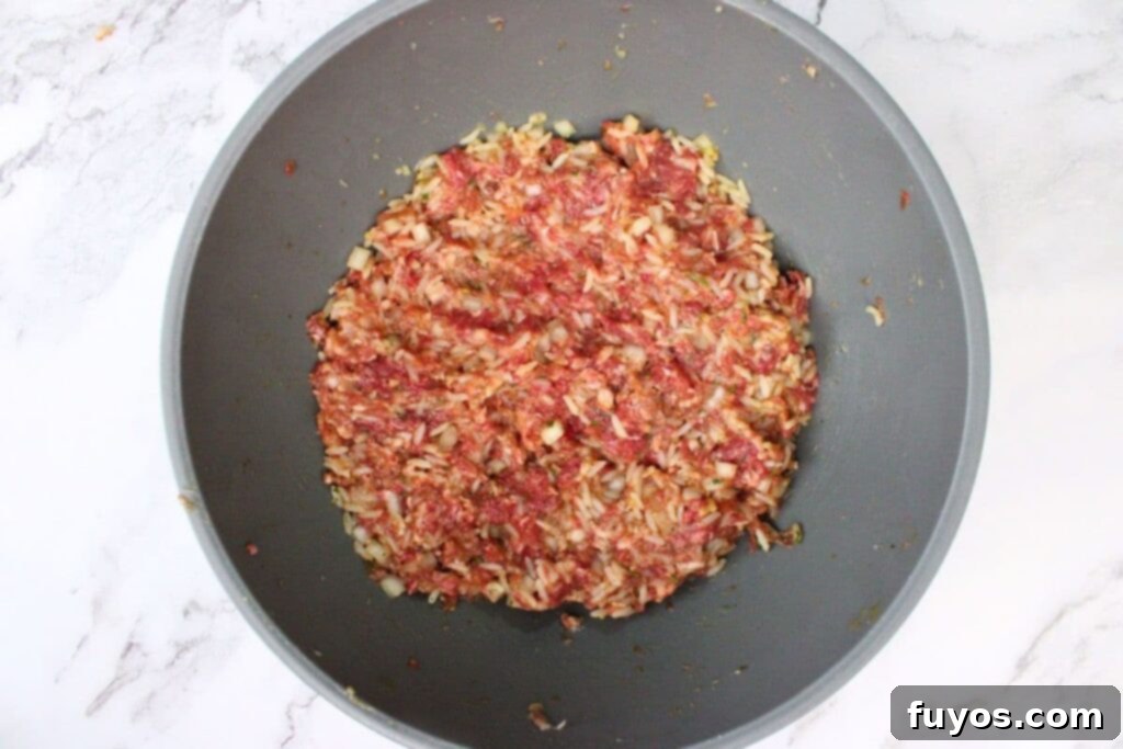 Savory Air Fryer Cabbage Rolls with Sausage and Rice 6 mix ground beef, sausage, rice, onion, garlic, egg, and seasonings in a bowl