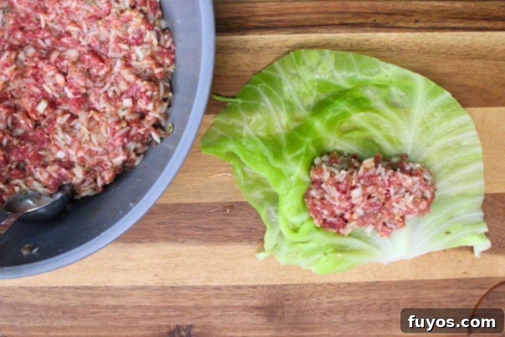 Savory Air Fryer Cabbage Rolls with Sausage and Rice 7 add meat filling to the center of a blanched cabbage leaf