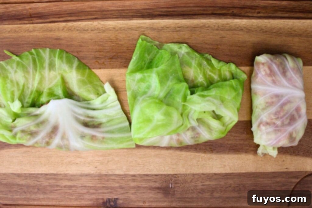 Savory Air Fryer Cabbage Rolls with Sausage and Rice 8 fold the cabbage leaf over the filling to form the roll