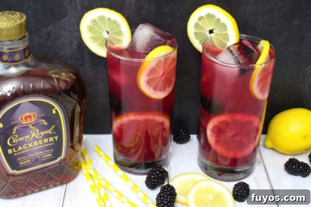 Crown Jewel Blackberry Lemonade: Two-Ingredient Elixir 3 two tall glasses of crown blackberry lemonade against a dark background next to the bottle