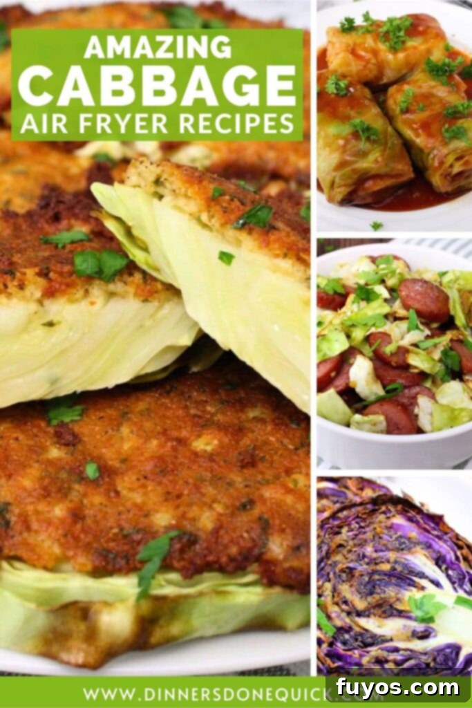 Pinterest pin showing various air fryer cabbage recipes for inspiration