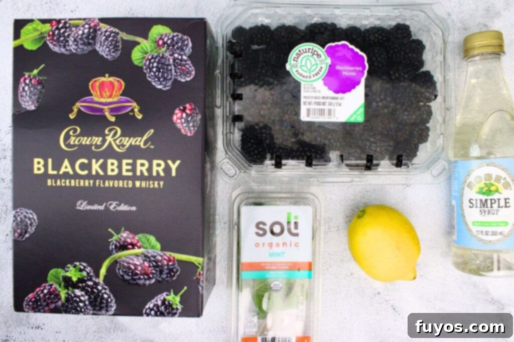 ingredients to make crown royal blackberry smash cocktail
