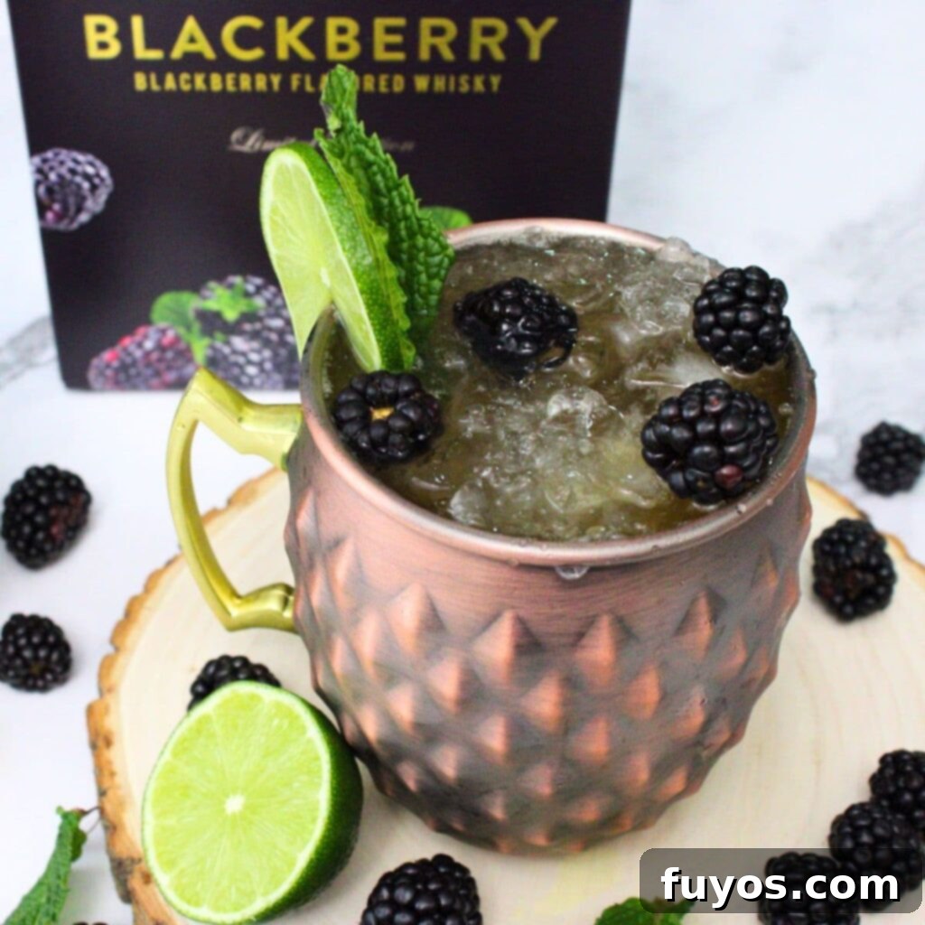 Crown Royal Blackberry Kentucky Mule cocktail, a refreshing whiskey drink perfect for any occasion.