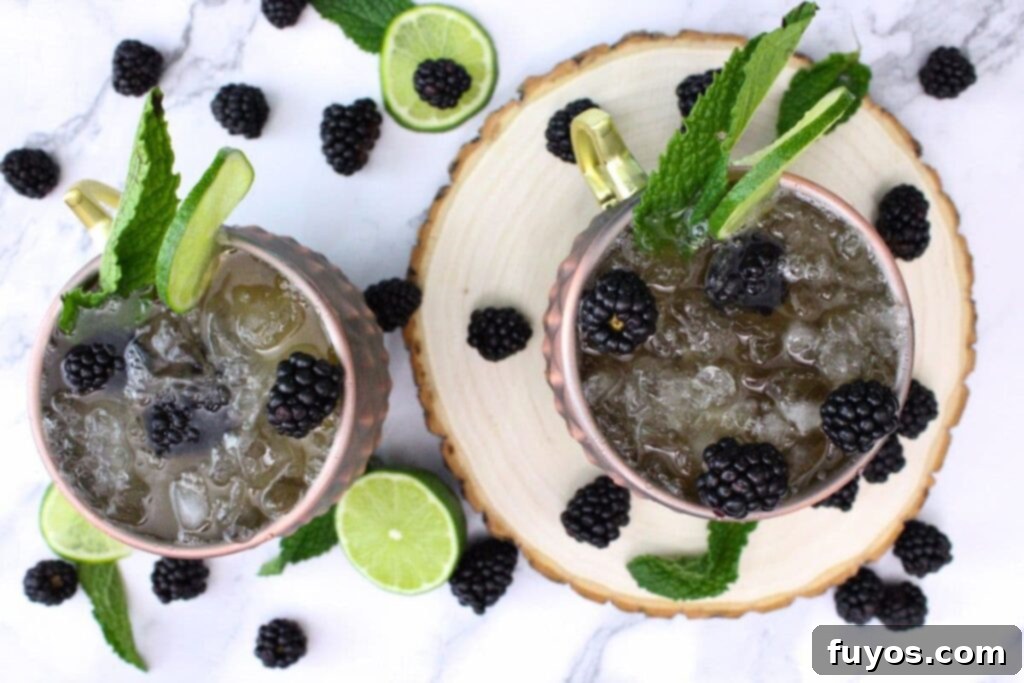 Overhead view of two perfectly garnished Blackberry Kentucky Mule cocktails in copper mugs.
