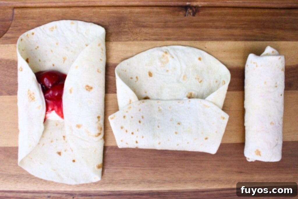 roll your tortilla into a burrito over the cream cheese and pie filling mixture