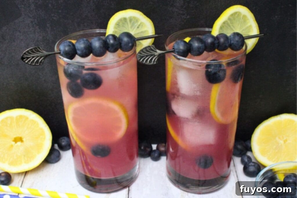 two blueberry vodka lemonade cocktails against a dark background