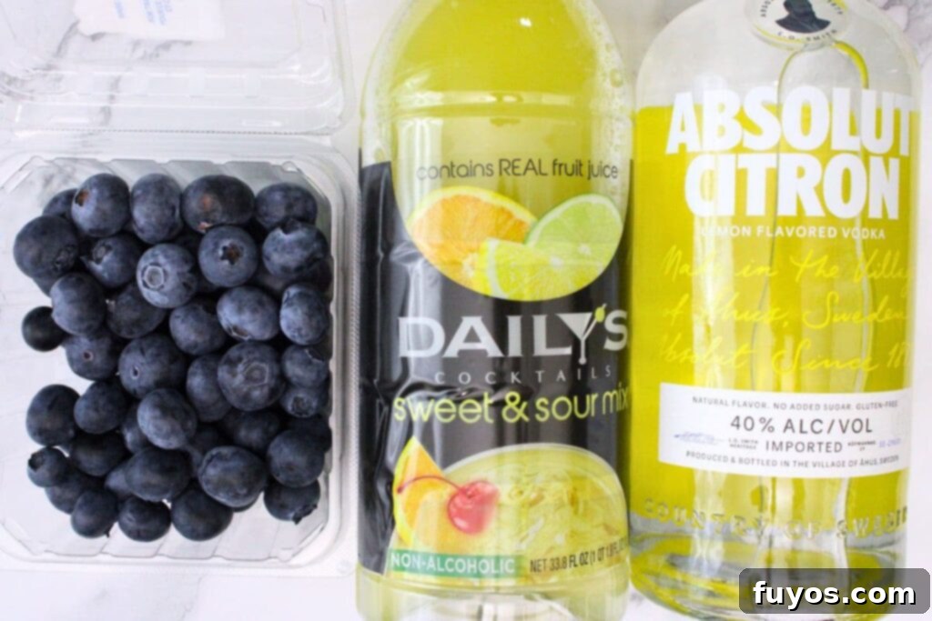 All the essential ingredients laid out for making a delicious blueberry lemon drop martini.