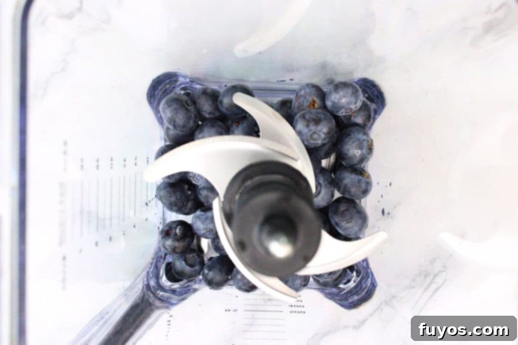 Fresh blueberries and water being added to a blender to make the puree for the martini.