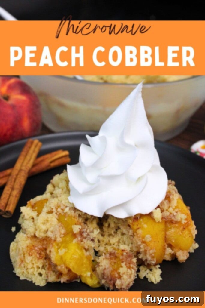 Microwave peach cobbler recipe on a Pinterest-ready image for sharing.
