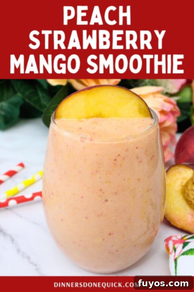 Peach Strawberry Mango Summer Bliss Smoothie 10 A Pinterest graphic for the peach strawberry mango smoothie recipe, featuring a close-up of the vibrant drink.