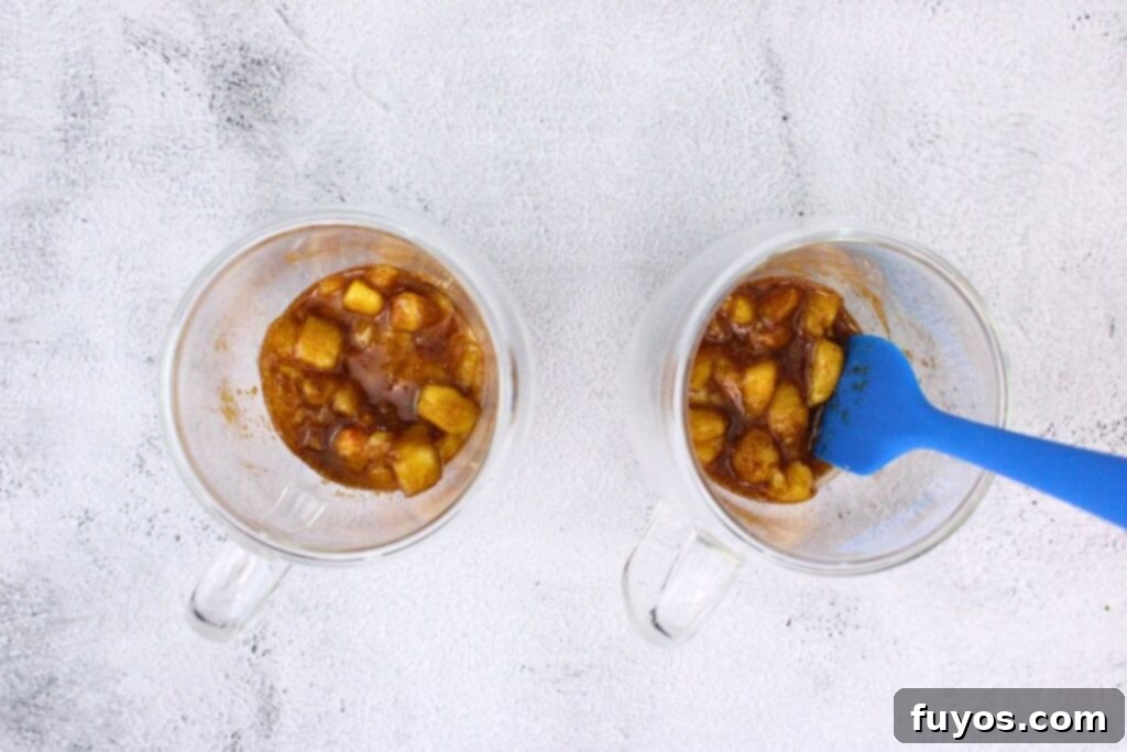 Peachy Microwave Dream in a Mug 5 add diced peaches, brown sugar, and cinnamon to microwave safe mugs