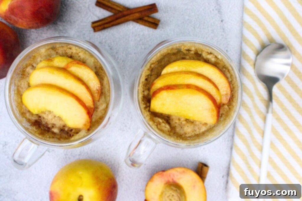 Peachy Microwave Dream in a Mug 8 overhead view of two peach mug cake with fresh peach slices on top