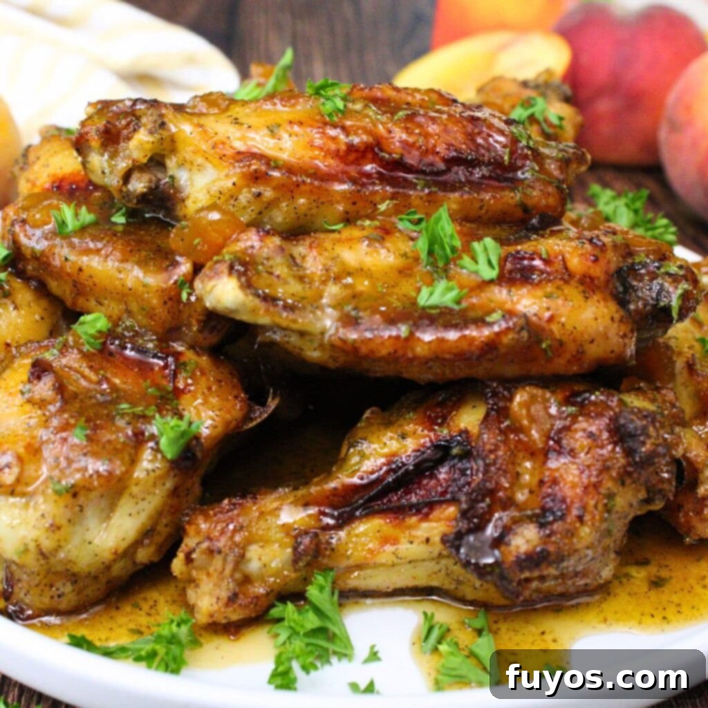 Crispy Crown Royal Peach Wings cooked in an air fryer, coated in sweet and sticky peach whiskey glaze, perfect for appetizers or game day