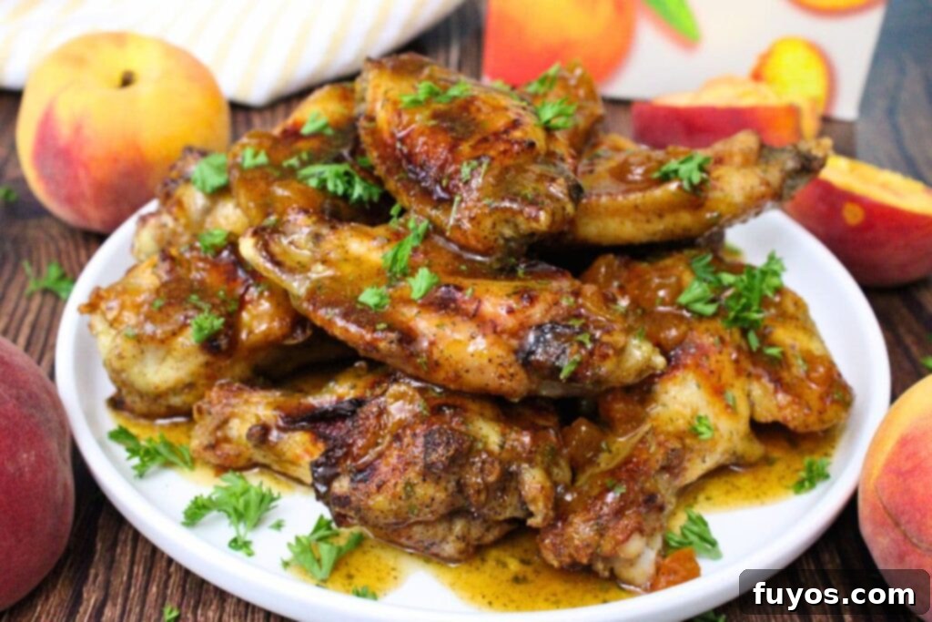 Plate stacked with crispy Crown Royal Peach Wings, garnished with fresh peaches, showcasing their appealing golden-brown and glazed finish