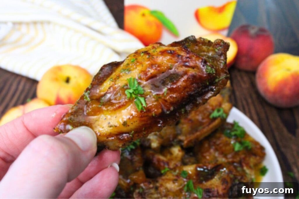 Hand holding a perfectly cooked, glossy Crown Royal Peach Wing, showing its sticky peach whiskey glaze and crispy skin