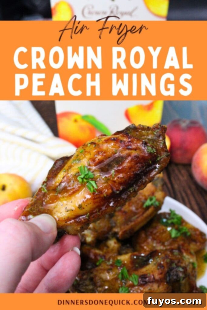 Pin for Air Fryer Crown Royal Peach Wings recipe - crispy, juicy chicken wings with a sweet and savory peach whiskey glaze, perfect for game day or any appetizer