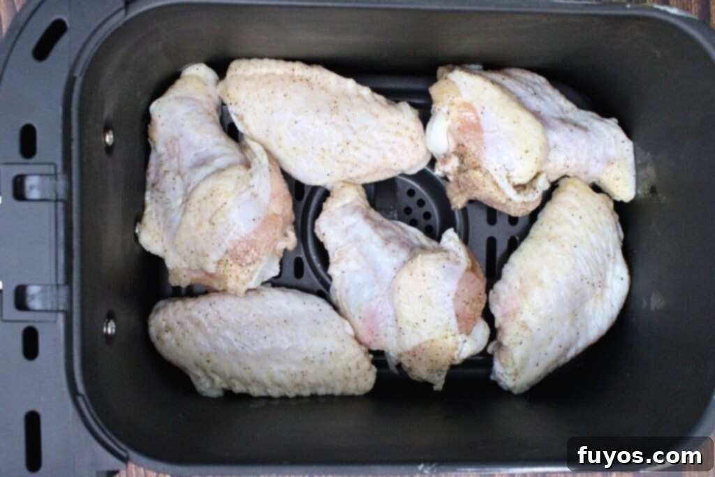 Seasoned chicken wings arranged in a single layer in an air fryer basket, ready for cooking