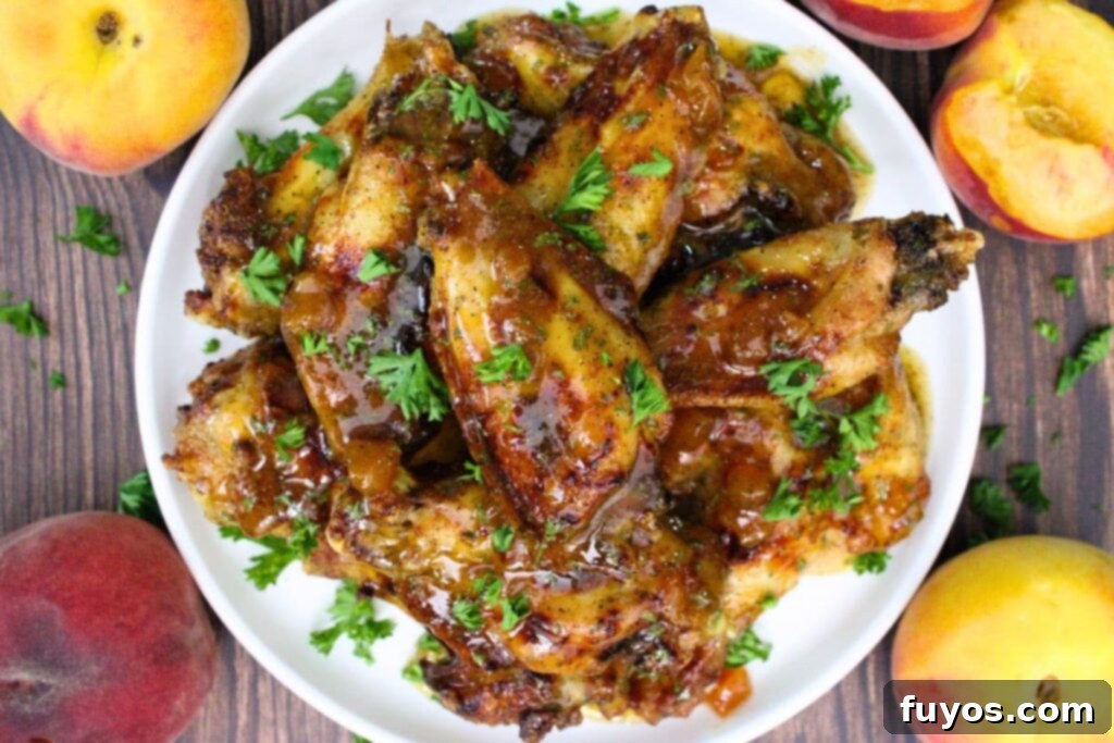Overhead view of a beautifully arranged plate of sticky and sweet Crown Peach Wings, garnished with fresh herbs