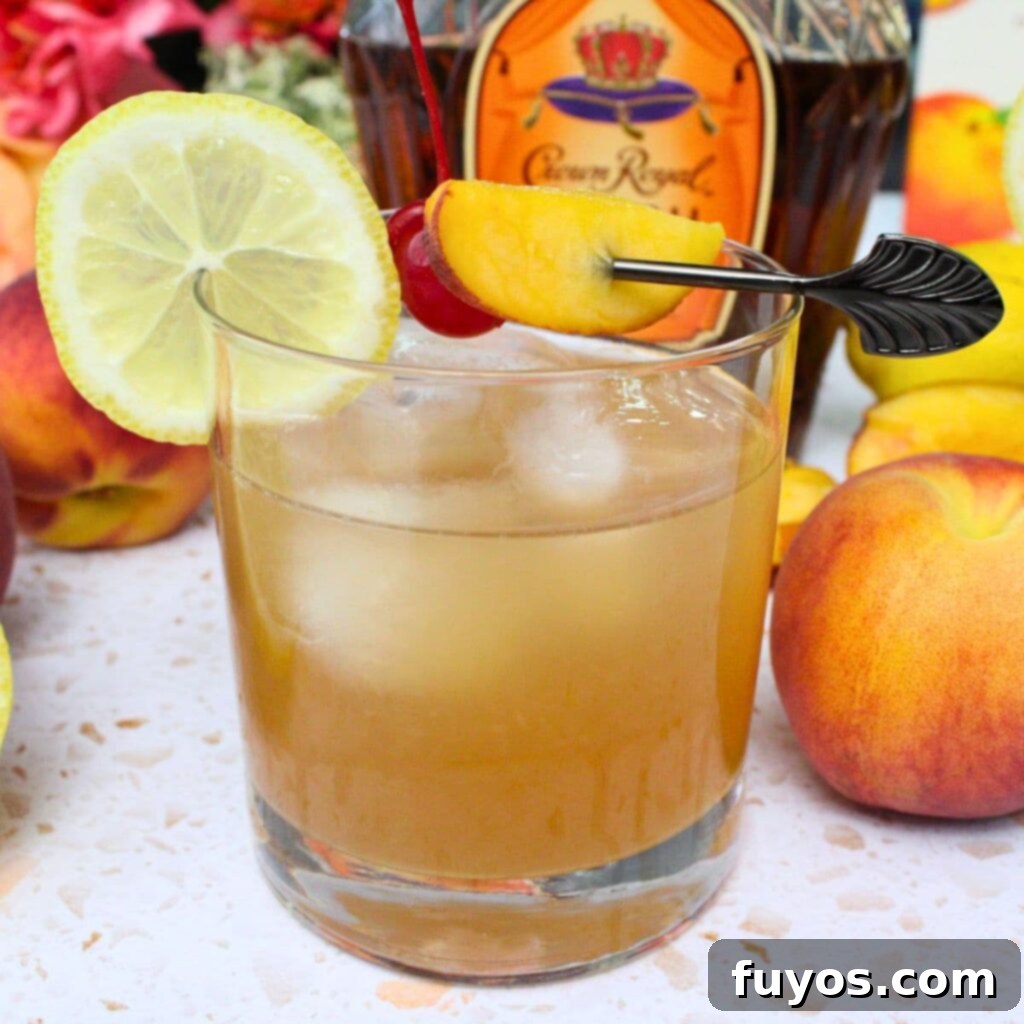 peach whiskey sour cocktail recipe made with crown royal peach dinners done quick featured image