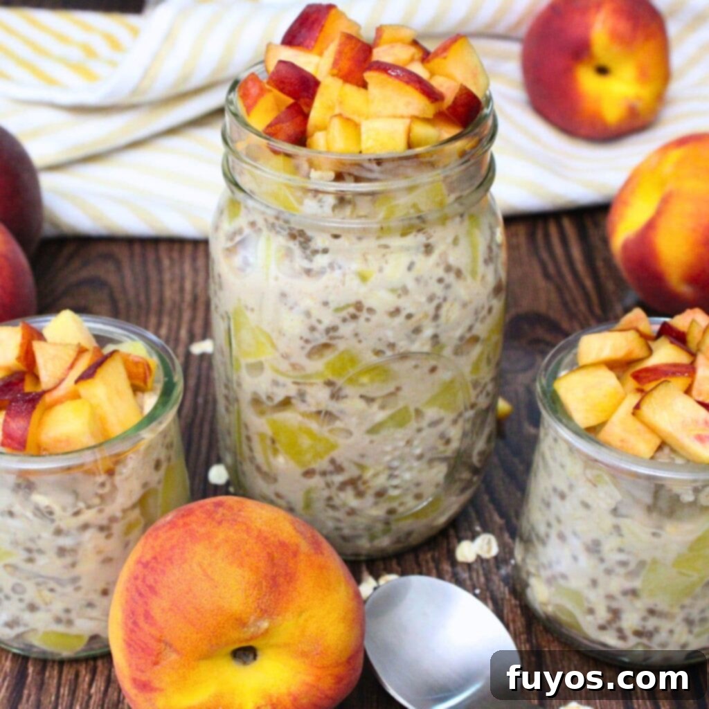 Close-up of a jar of creamy canned peach overnight oats, topped with fresh peach slices and a sprinkle of cinnamon, ready to be enjoyed as a healthy breakfast.