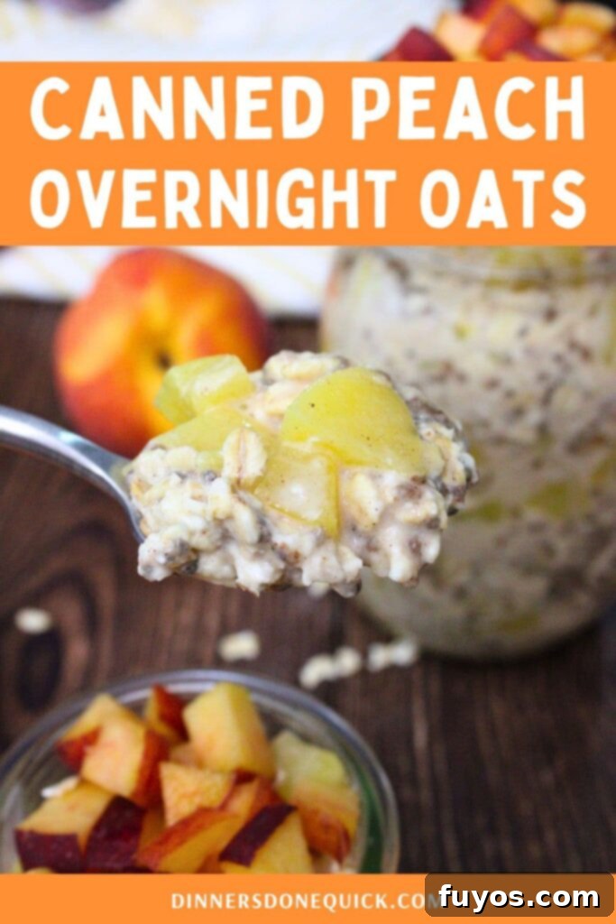 A Pinterest-optimized image showcasing the canned peach overnight oats recipe with text overlay, ideal for social sharing.