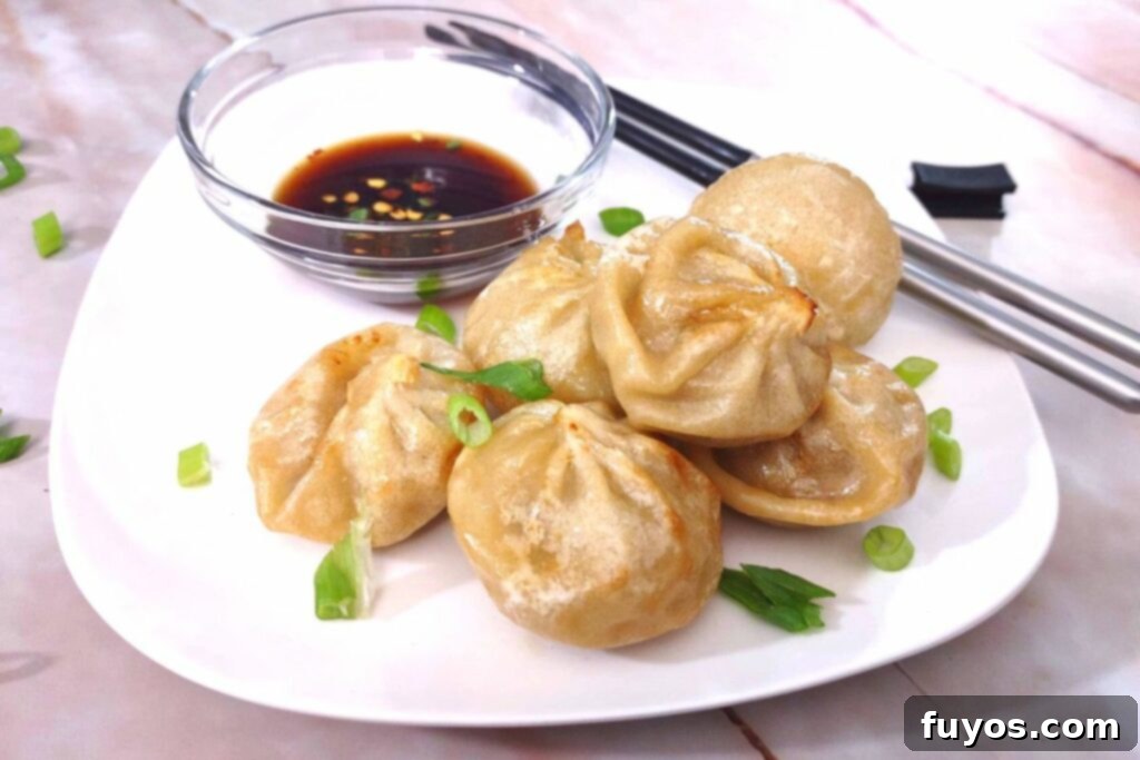 Crispy Bibigo Air Fryer Dumplings Pork or Chicken 2 delicious air fried bibigo dumplings stacked on a plate with soy sauce and chopsticks