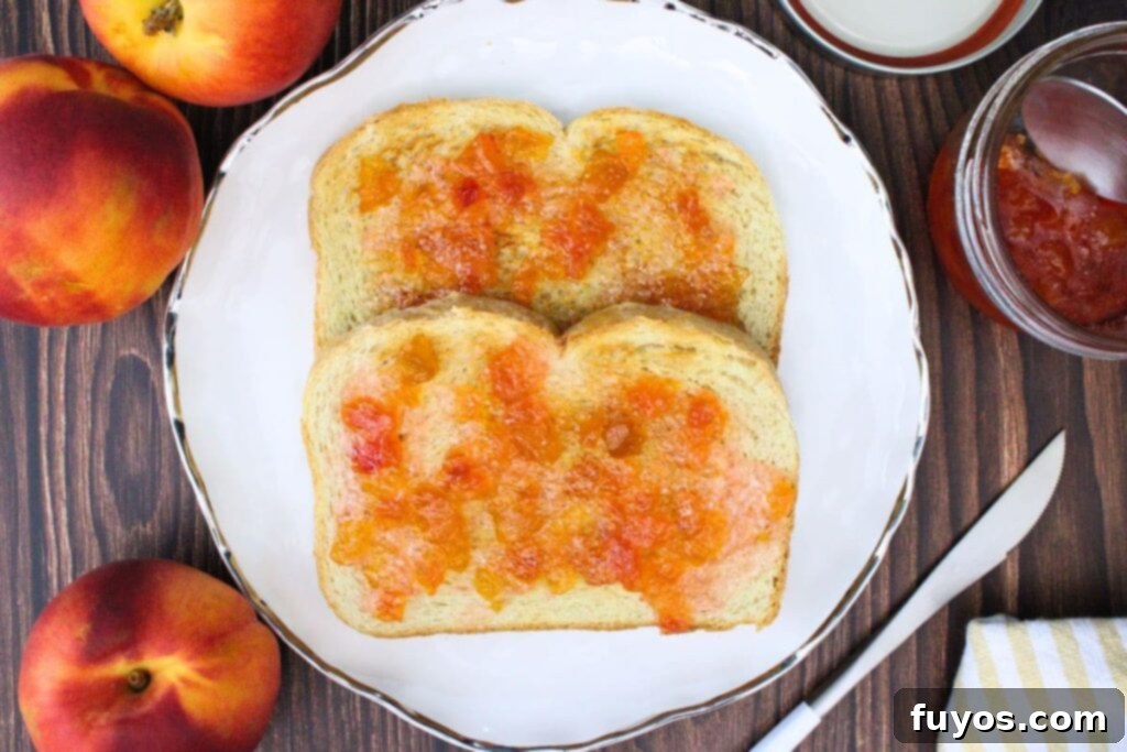 overhead view of two lightly toasted pieces of bread covered in microwave peach jam