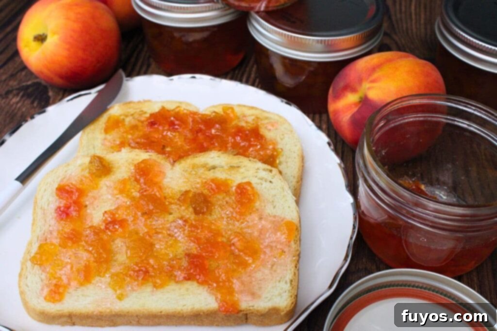 two slices of bread slathered in peach jam next to an open jar of jam