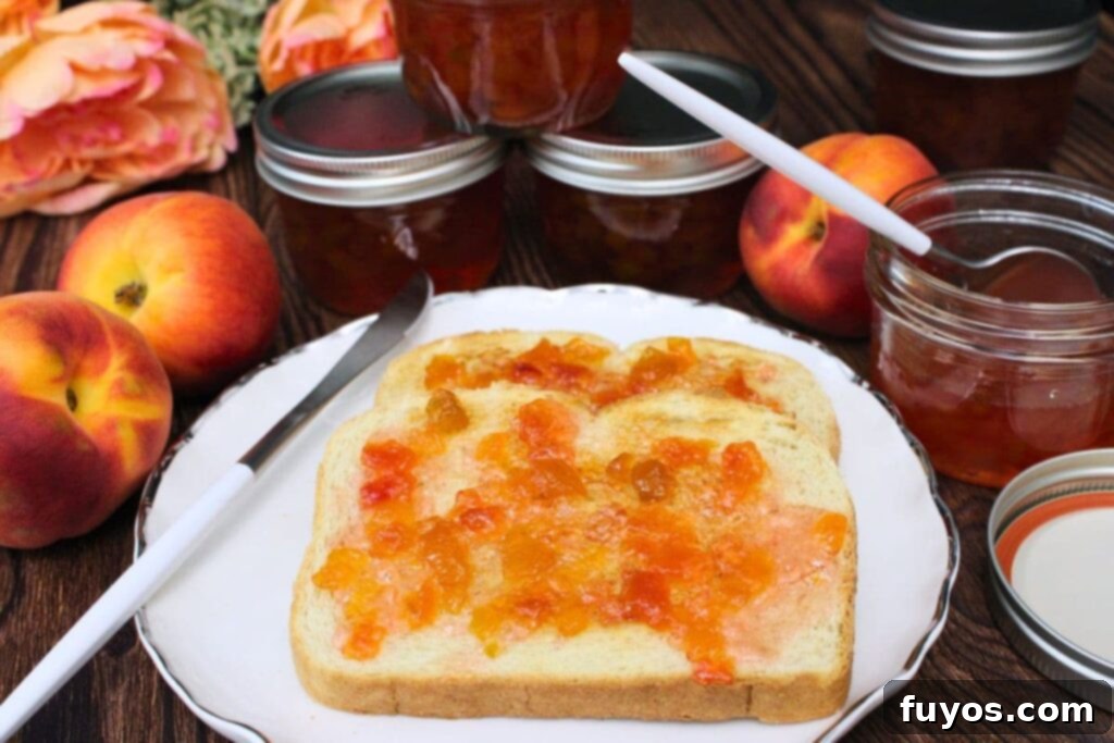 microwave peach jam spread across toast next to canned and open jars of fresh jam